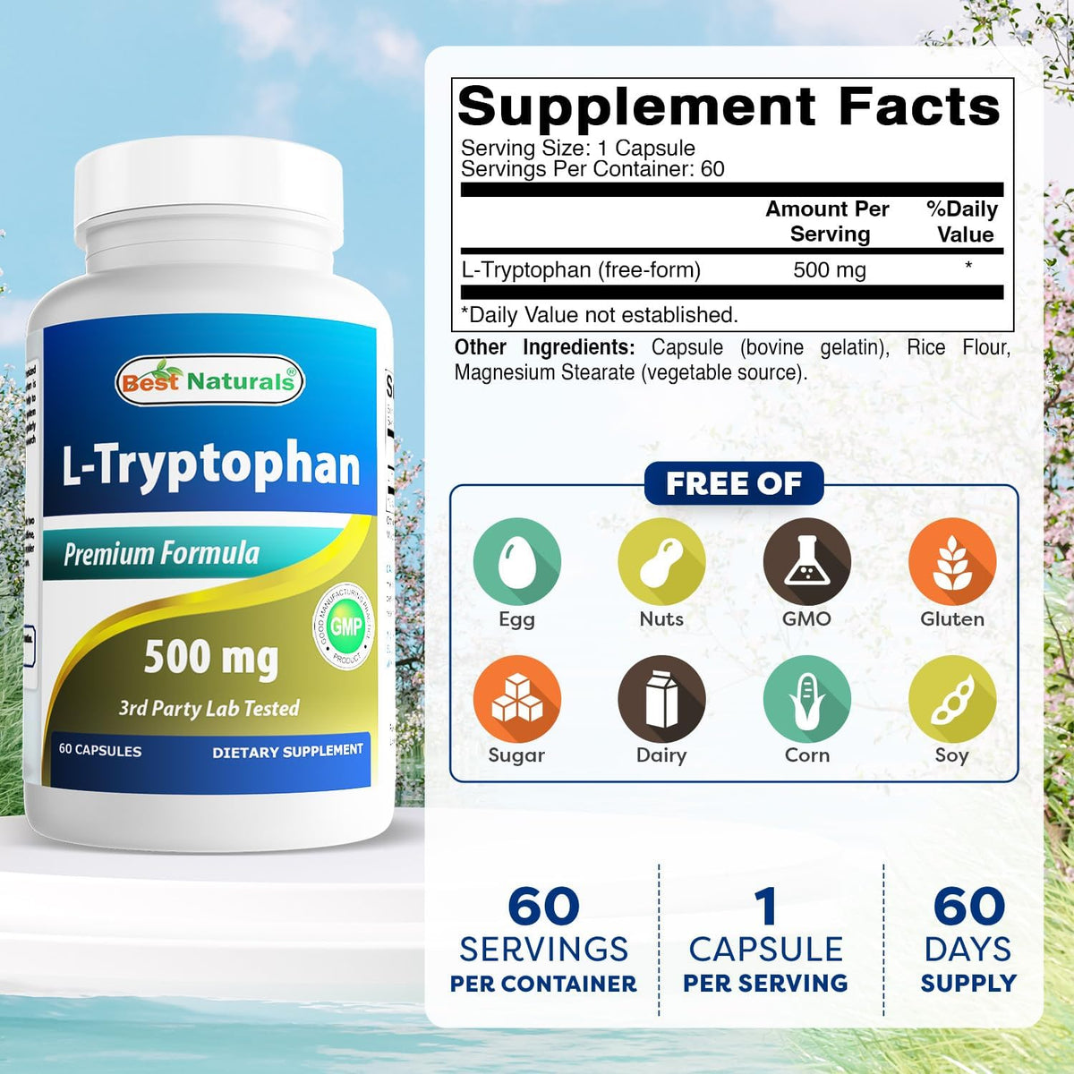 Best Naturals L-Tryptophan 500 mg, 60 Capsules - görsel 2