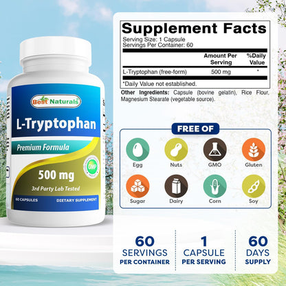 Best Naturals L-Tryptophan 500 mg, 60 Capsules