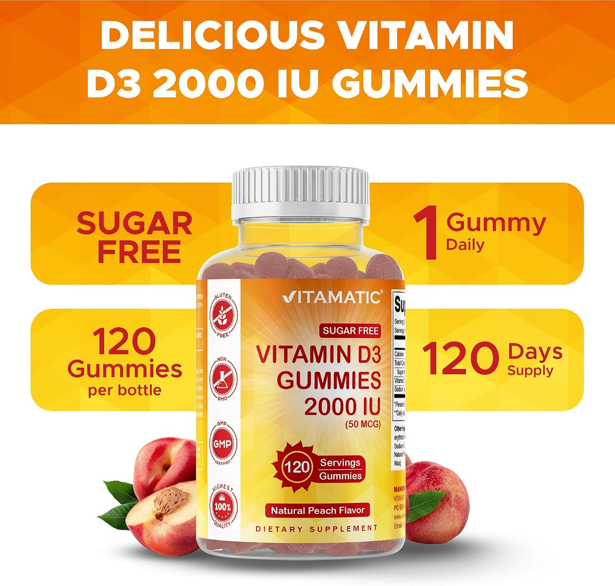 Vitamatic Sugar Free Vitamin D3 2000 IU Gummies - Peach Flavour, 120 Count - görsel 4