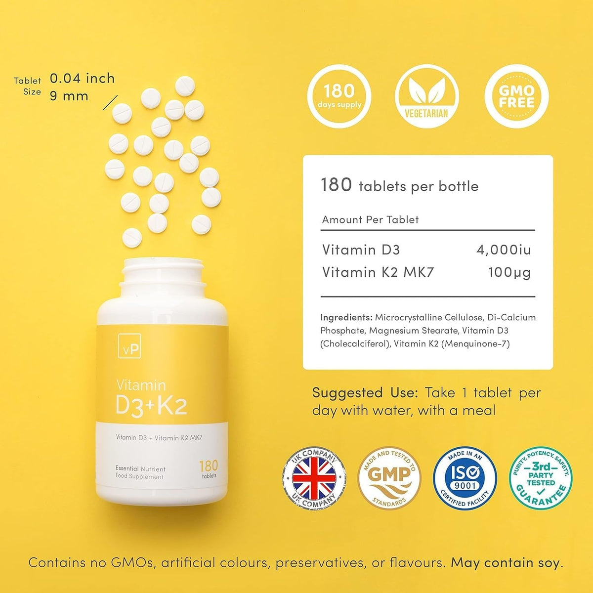 vP Vitality Pro Vitamin D3 4000 IU with Vitamin K2 100 mcg x 180 Tablets - Third Party Tested - Vitamin D Food Supplement with K2 MK7 - Vitality Pro - görsel 2