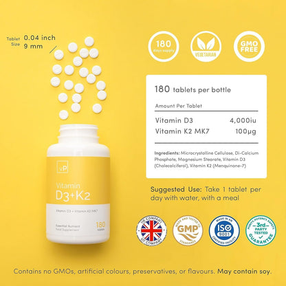 vP Vitality Pro Vitamin D3 4000 IU with Vitamin K2 100 mcg x 180 Tablets - Third Party Tested - Vitamin D Food Supplement with K2 MK7 - Vitality Pro