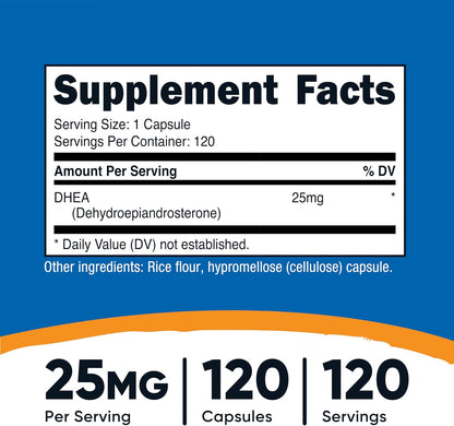 Nutricost DHEA 25mg, 120 Capsules – Gluten-Free, Non-GM Supplement