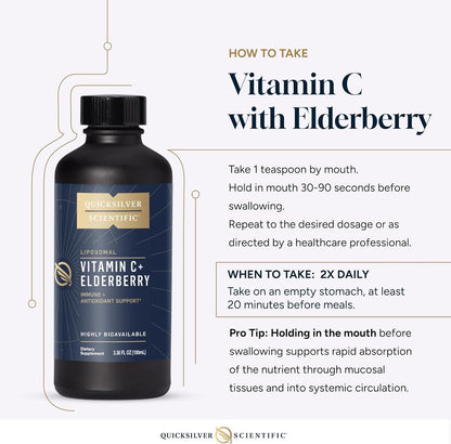 Quicksilver Scientific Liposomal Vitamin C + Elderberry - 1000mg with Superior Absorption Technology & Tocotrienols - Antioxidant and Immune Support Tonic (100ml)