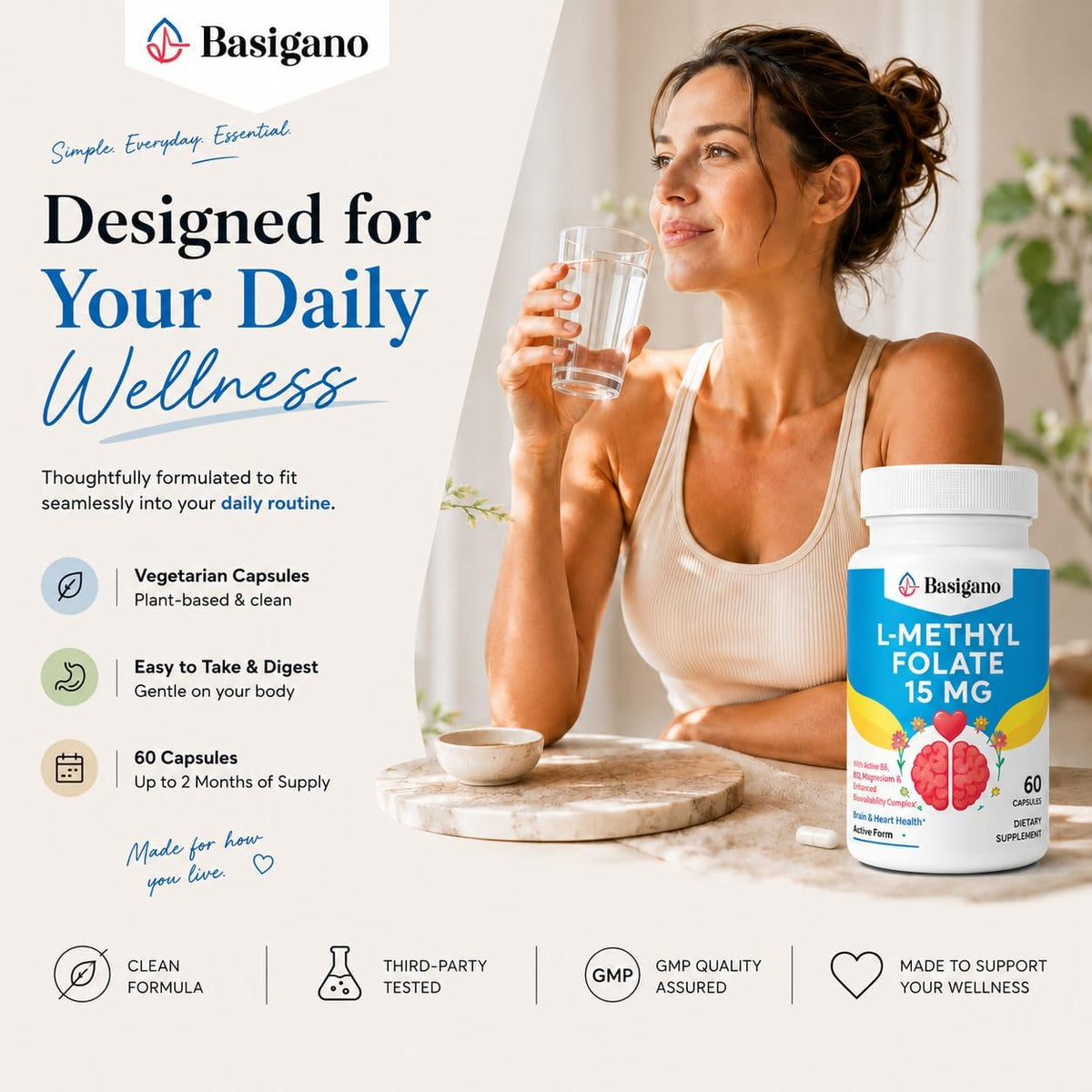 Basigano 15mg L-Methylfolate (5-MTHF) with B6 & B12 – 60 Vegetarian Capsules - görsel 6
