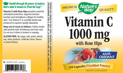 Nature's Way Vitamin C 1000 with Rose Hips, 250 Capsules