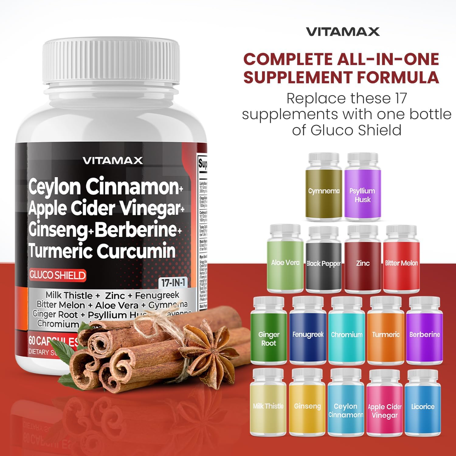 Vitamax Gluco Health Support - 16-in-1 Herbal Blend with Ceylon Cinnamon, ACV, Turmeric - 60 Capsules - görsel 4