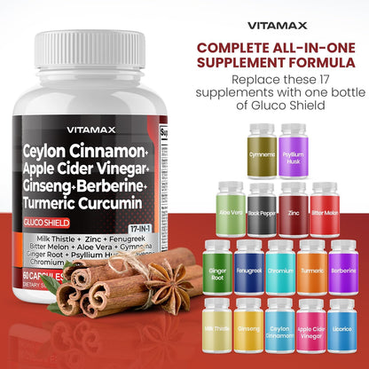 Vitamax Gluco Health Support - 16-in-1 Herbal Blend with Ceylon Cinnamon, ACV, Turmeric - 60 Capsules