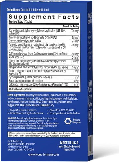 Focus Formula Nootropic Brain Supplement, Focus Capsules for Concentration, Supports Energy, Brain Booster with GABA, DMAE and BACOPA, Memory Support Supplement, Cognitive Support, 60 Vegetable Tablets