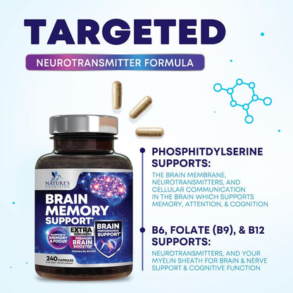 Brain Memory Supplement Capsules - 3X Strength Nootropics for Concentration, Clarity and Focus Support - with Bacopa, Phosphatidylserine and DMAE - 240 Capsules