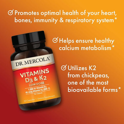 Dr. Mercola Vitamins D3 & K2 Low Dose - Maintain Vitamin D Levels - Supports Immune & Bone Health - MenaQ7 Chickpea-Sourced K2 - Non-GMO, Gluten-Free & Soya-Free - 30 Capsules