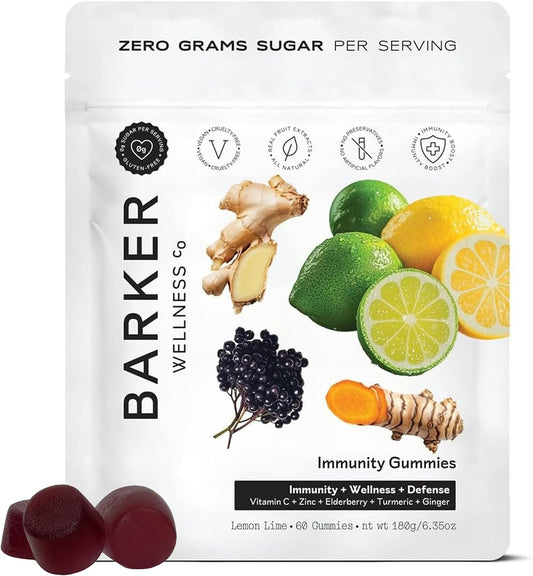 Barker Wellness Immunity Gummies with Vitamin C, Zinc, Elderberry, Turmeric & Ginger – Vegan, Sugar-Free, Lemon-Lime – 60 Gummies