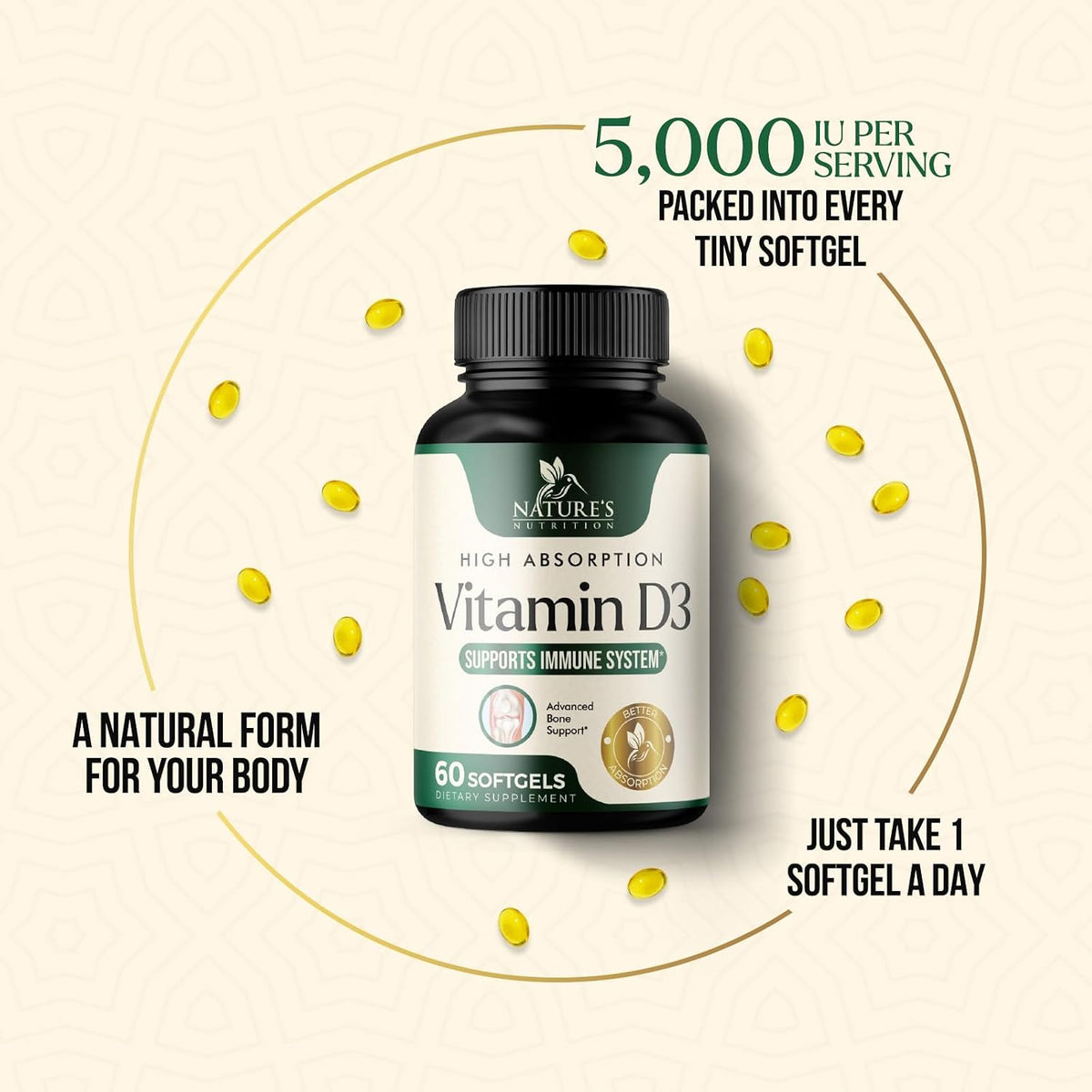 Nature's Nutrition Vitamin D3 5000 IU – High Strength Food Supplement, 60 Softgels - görsel 6