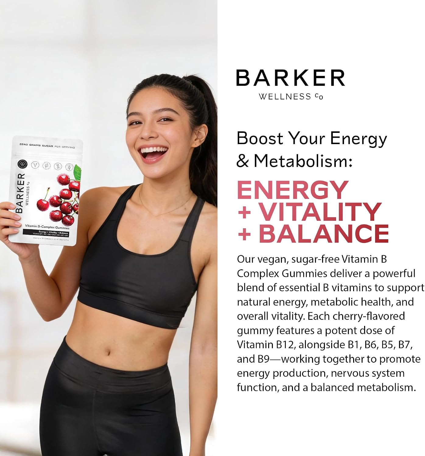 Barker Wellness Vitamin B-Complex Gummies – Sugar-Free Cherry, Vegan, Energy & Metabolism support - görsel 5