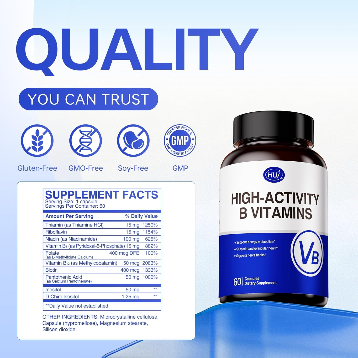 HUJ High-Activity B Vitamins – Contributes to Normal Energy Metabolism and Nervous System Function – Food Supplement with 8 B Vitamins, Inositol and D-Chiro Inositol – 60 Capsules - görsel 7