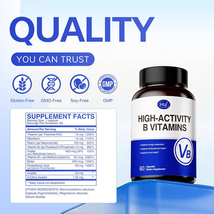HUJ High-Activity B Vitamins – Contributes to Normal Energy Metabolism and Nervous System Function – Food Supplement with 8 B Vitamins, Inositol and D-Chiro Inositol – 60 Capsules