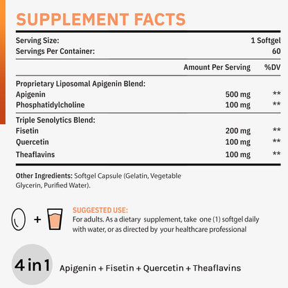 Cenffitio Liposomal Apigenin 500mg – with Fisetin, Quercetin & Theaflavins – 60 Softgels