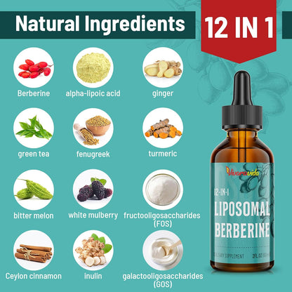 Berberine HCl Supplement 3000 mg - Liposomal Berberine HCl Liquid - AMPK Activator with Turmeric, Ceylon Cinnamon, 12 Natural Ingredients - 118 ml