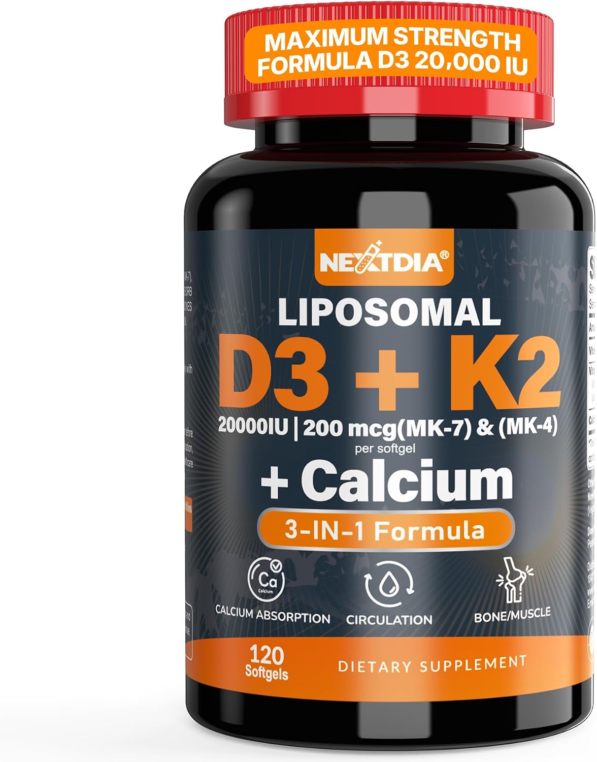Nextdia Vitamin D3 20,000 IU + K2 (MK-4 & MK-7) with Calcium Citrate – Bone & Muscle Support, 240 Softgels (2 Pack) - görsel 9