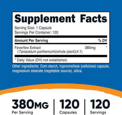 Nutricost Feverfew Capsules 380mg, 120 Vegetarian Capsules