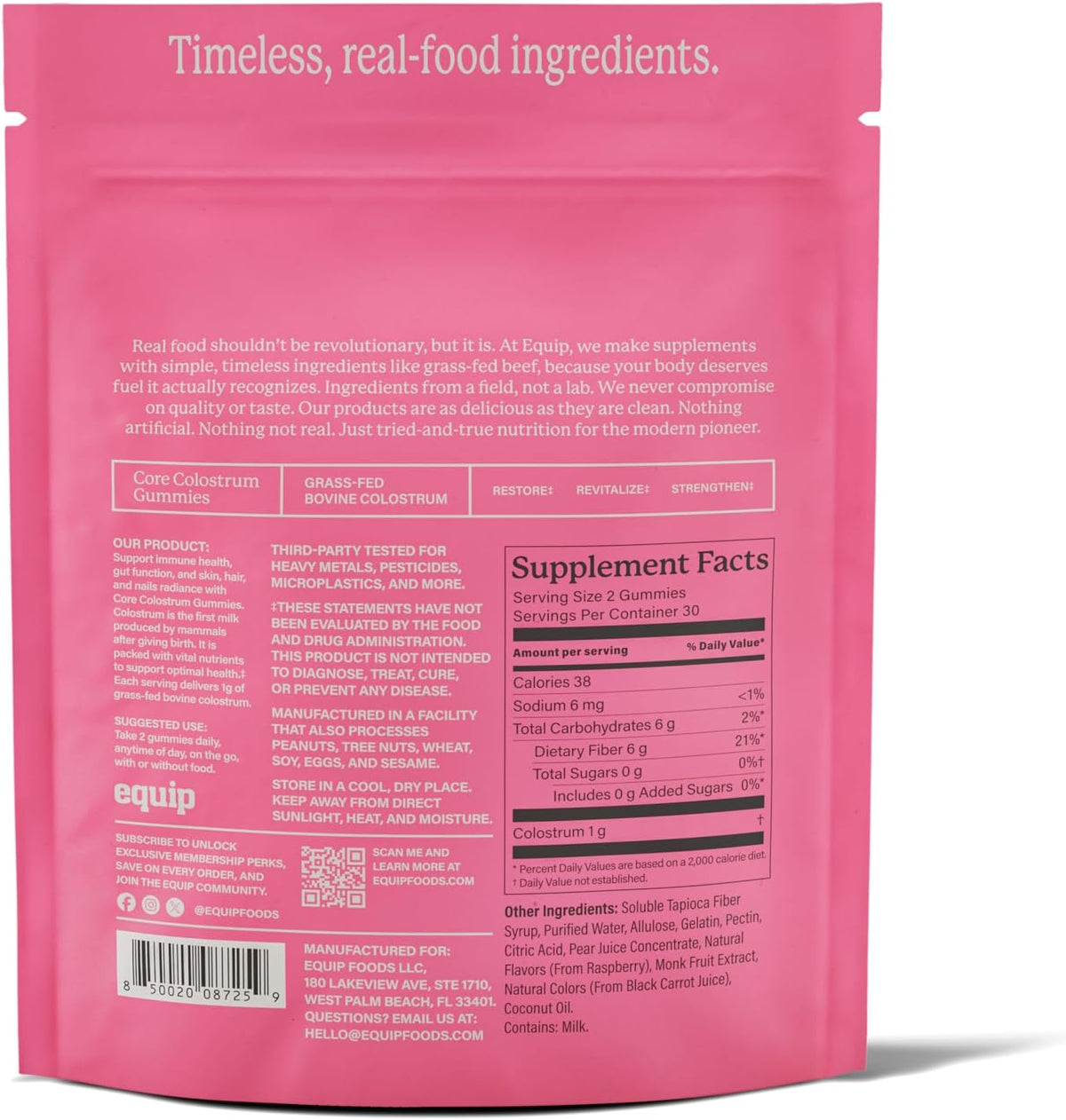 Equip Foods Core Bovine Colostrum Gummies - Delicious 1g Per Serving Grass Fed Colostrum Supplement - Gut Health, Immunity, Recovery, Hair & Skin - 60 Bovine Colostrum Gummies, 30 Servings, Raspberry - görsel 7