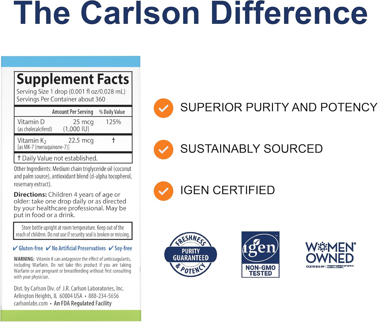 Carlson Kid's Super Daily D3+K2, 25 mcg (1,000 IU) D3 & 22.5 mcg K2, Unflavoured Liquid Drops, 360-Drop Bottle (1-Year Supply) - görsel 2