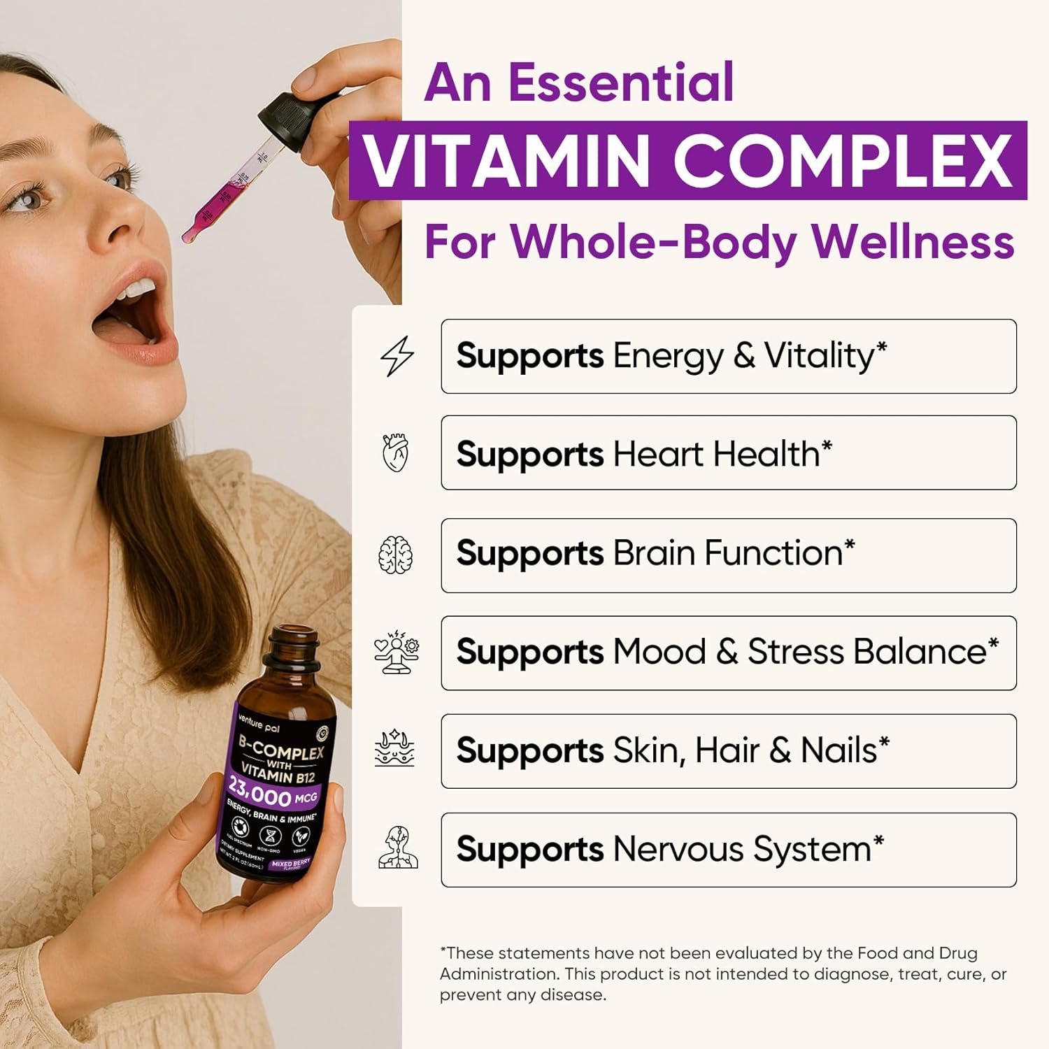 Venture Pal Vitamin B Complex Liquid Drops, B12 Methylcobalamin | B9 Folic | B1,B2,B3,B5,B6,B7 - Vitamin C, Choline, Inositol, Immune & Energy Metabolism, Brain & Heart Support - görsel 5
