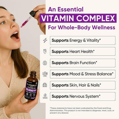 Venture Pal Vitamin B Complex Liquid Drops, B12 Methylcobalamin | B9 Folic | B1,B2,B3,B5,B6,B7 - Vitamin C, Choline, Inositol, Immune & Energy Metabolism, Brain & Heart Support