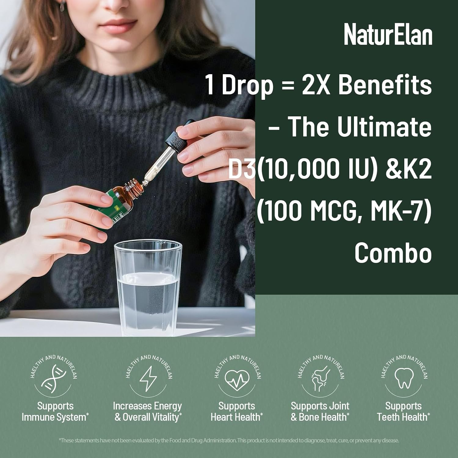 Organic Vitamin D3 K2 Drops with MCT Oil - 10,000 IU D3 + 100 mcg K2 (MK-7) - 320 Servings - görsel 2