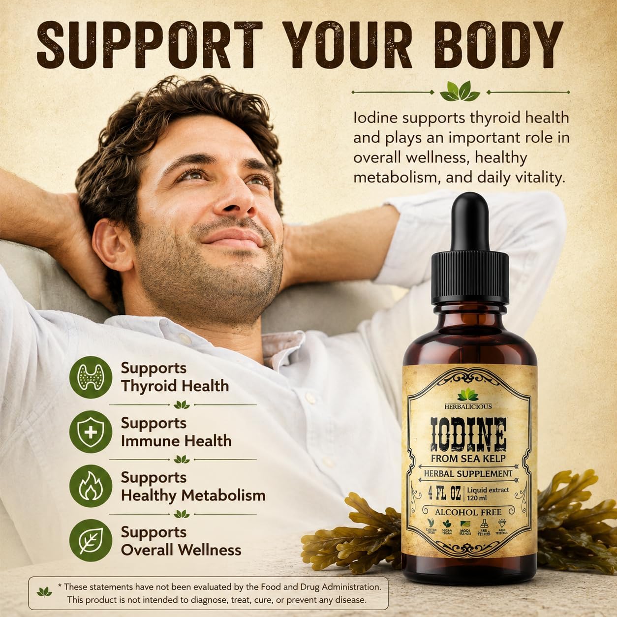 HERBALICIOUS Iodine Drops – Natural Iodine from Sea Kelp – Organic Non-GMO Thyroid Supplement – 118 ml - görsel 3