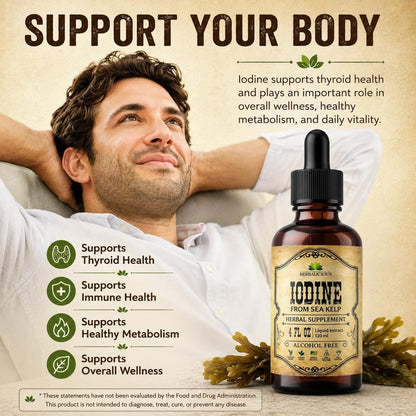 HERBALICIOUS Iodine Drops – Natural Iodine from Sea Kelp – Organic Non-GMO Thyroid Supplement – 118 ml
