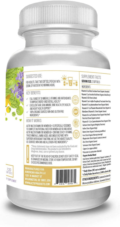 ACTIF Multivitamin for Women Age 60+ with 30 Organic Vitamins and Herbs, Non-GMO, Two-Month Supply