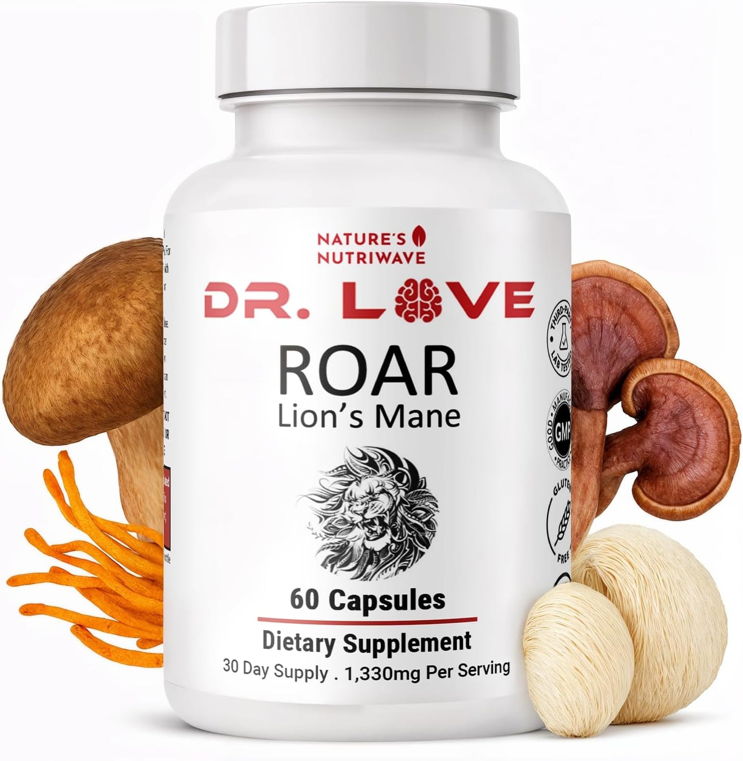 Dr. Love ROAR Lion's Mane – Cordyceps & Reishi – 60 Capsules, 1 Month Supply - görsel 1