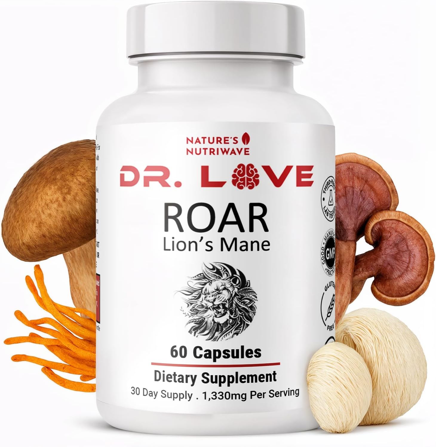 Dr. Love ROAR Lion's Mane – Cordyceps & Reishi – 60 Capsules, 1 Month Supply - görsel 1