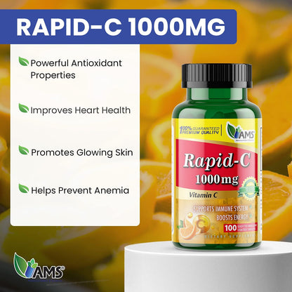 America Medic & Science Rapid-C 1000mg Vitamin C Supplement (2 Pack of 100 Tablets) – Energy Booster, Immune Support, Antioxidant