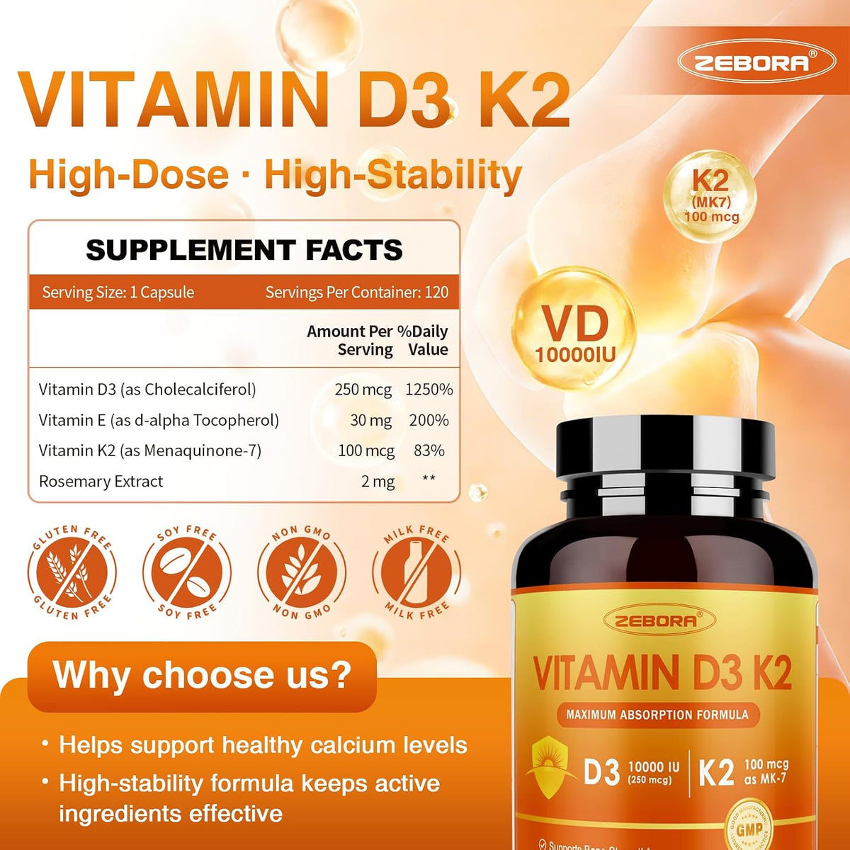 ZEBORA Vitamin D3 K2 10,000 IU + 100 µg K2 MK-7 – 120 Capsules - görsel 2