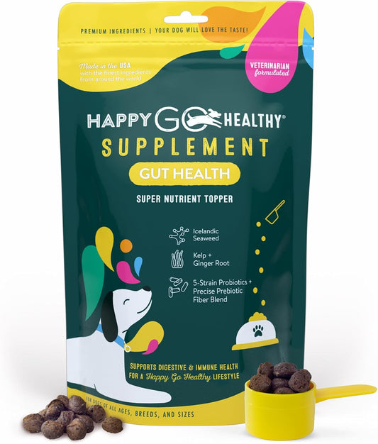 Happy Go Healthy Dog Gut Health Probiotics Supplement – Digestive Health & Immune Support – All Natural Food Topper – 60 Count