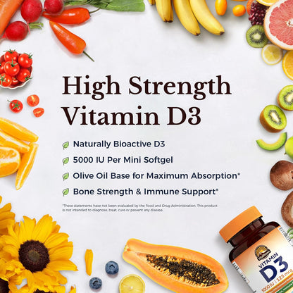 Vitalitown Vitamin D3 125 mcg (5000 IU) - High Potency with Olive Oil, 90 Soft gel capsules