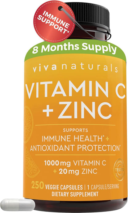 Viva Naturals Vitamin C and Zinc 1000mg with 20mg Zinc – 250 Vegetable Capsules – Image 1