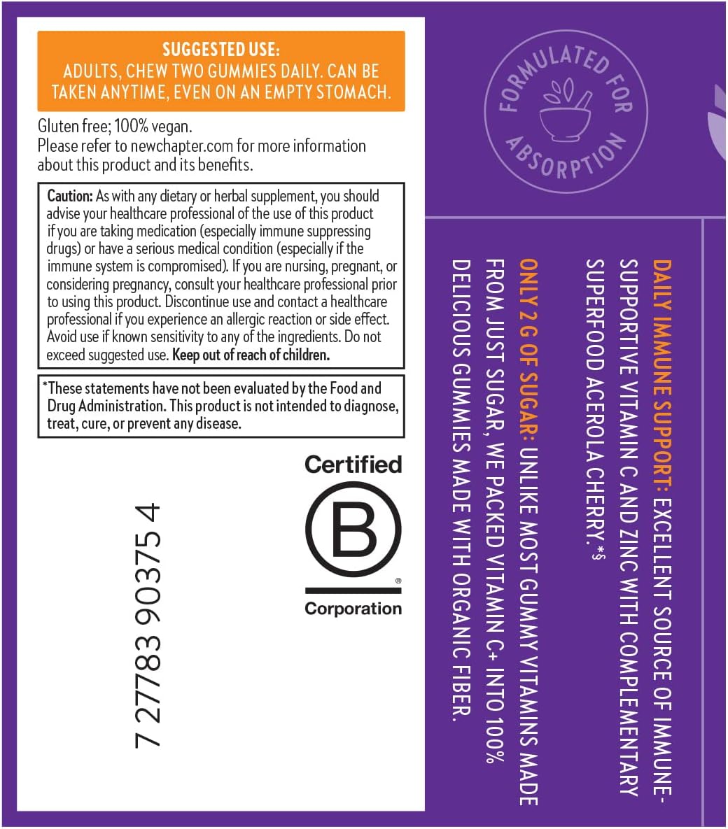 New Chapter Vitamin C+ Gummies – 35% Less Sugar, Immune Support, Citrus Flavoured, 60ct - görsel 8