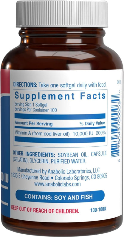 Vitamin A 10000 IU Soft gel capsules - Clinical Formula from Cod Liver Oil with Broad Spectrum Retinoids - 100 Soft gel capsules
