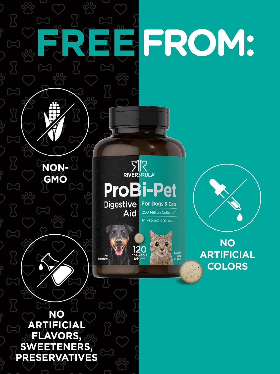 Horbaach Probiotics for Dogs & Cats – 120 Chewable Tablets – Digestive Health Supplement with 14 Probiotic Strains – Savoury Beef Flavour - görsel 4