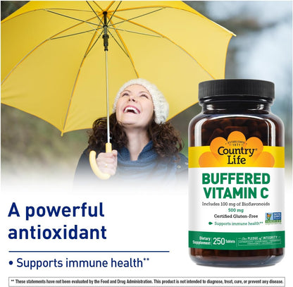 Country Life Vitamin C Buffered with Bioflavonoids - 500 mg - 250 Tablets - Gluten Free & Vegan