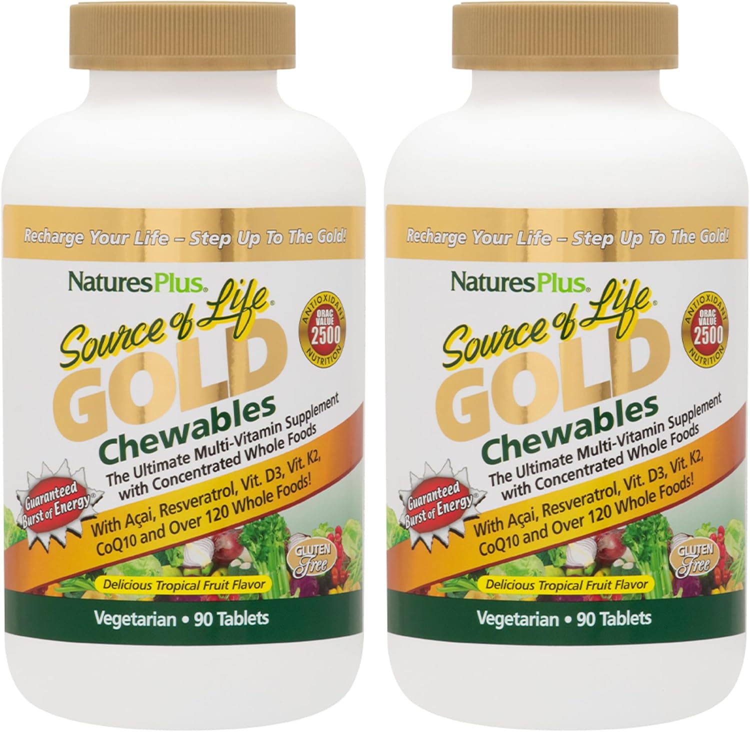 NaturesPlus Source of Life GOLD Multivitamin - 90 Chewable Tablets (Pack of 2) with D3, B12, K2 & Whole Foods - görsel 1