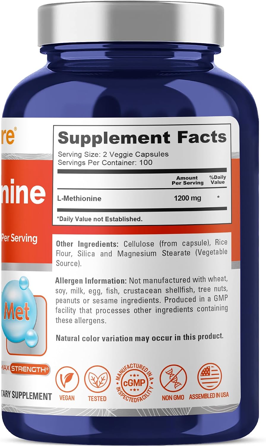 NusaPure L-Methionine 1200mg - 200 Capsules - Non-GMO & Vegan - görsel 2