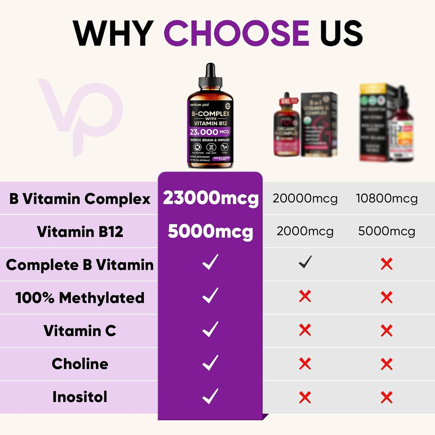 Venture Pal Vitamin B Complex Liquid Drops, B12 Methylcobalamin | B9 Folic | B1,B2,B3,B5,B6,B7 - Vitamin C, Choline, Inositol, Immune & Energy Metabolism, Brain & Heart Support - görsel 2