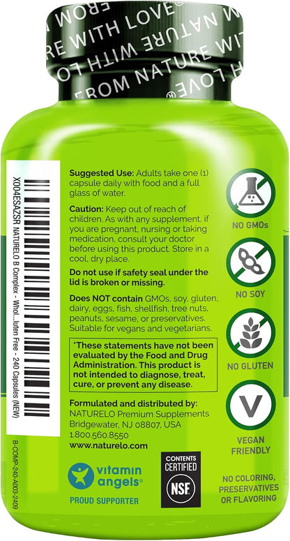 NATURELO Vitamin B Complex - Methylated with CoQ10, Folate & Biotin - Vegan, 240 Capsules