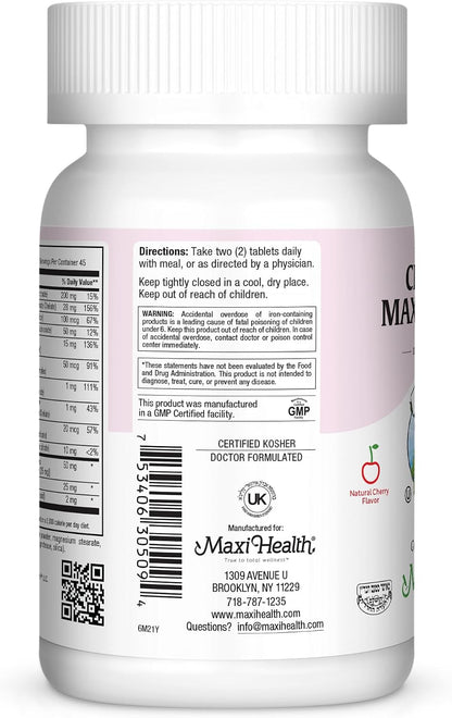 Maxi Health Chewable Prenatal Vitamins for Women – Prenatal with Iron, Biotin, Pantothenic Acid, & Magnesium – Kosher, Cherry Flavour Pregnancy Vitamins – 90 Tablets
