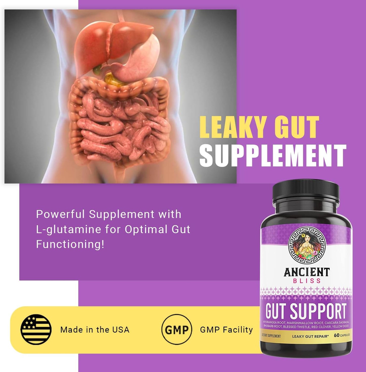 Ancient Bliss Leaky Gut Supplement – L-Glutamine Capsules with Blessed Thistle & Hydrangea Root – Vegan, Non-GMO – 60 Capsules - görsel 2