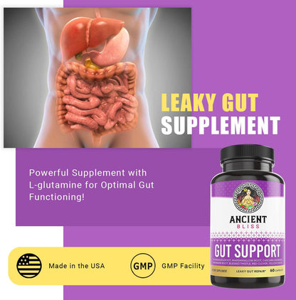 Ancient Bliss Leaky Gut Supplement – L-Glutamine Capsules with Blessed Thistle & Hydrangea Root – Vegan, Non-GMO – 60 Capsules