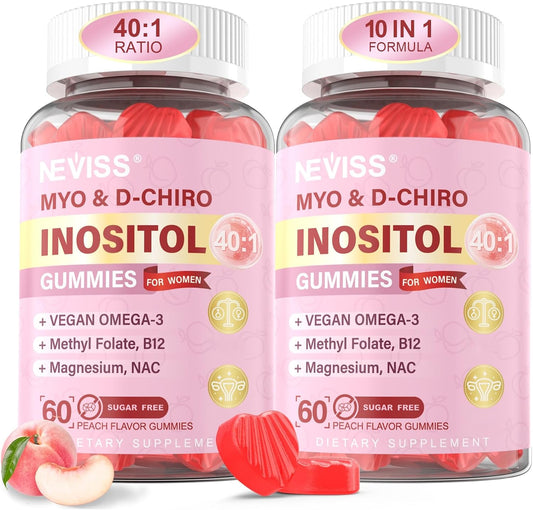 Myo-Inositol & D-Chiro Inositol Gummies for Women 2000mg + 50mg, 40:1 Ratio Inositol with Vegan Omega-3 + D3, Magnesium Glycinate, Methyl Folate + B12 for Female Health & Wellness, Sugar-Free, 120 Count